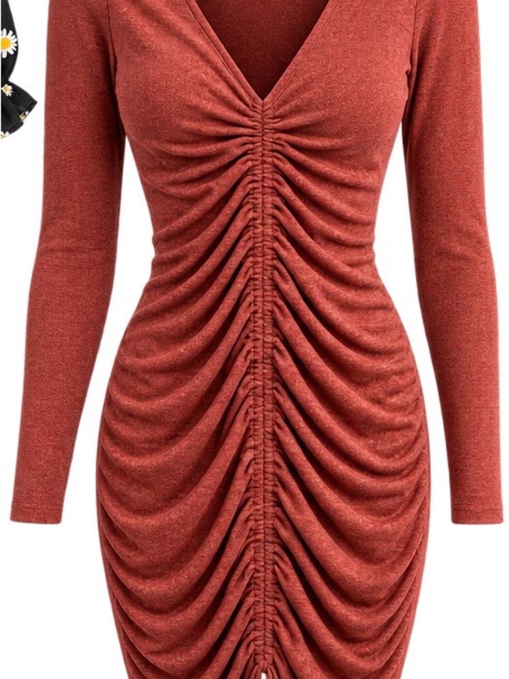 Ruched Long Sleeve V-Neck Dress in Rust Red